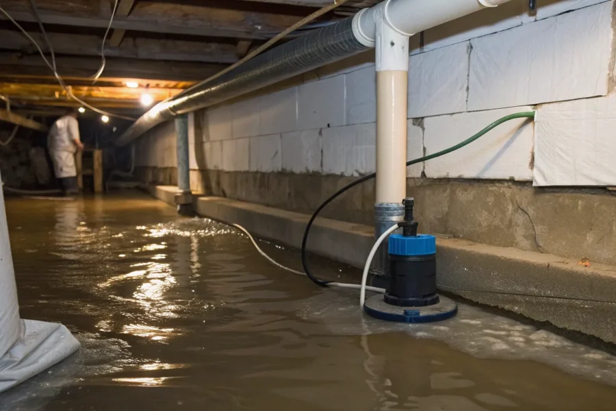Wet crawl space repair in progress with a sump pump removing standing water.