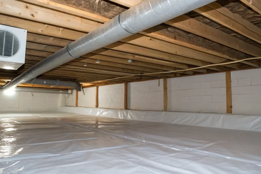A conditioned crawl space with sealed walls, a vapor barrier, and HVAC vents to prevent moisture and improve air quality.