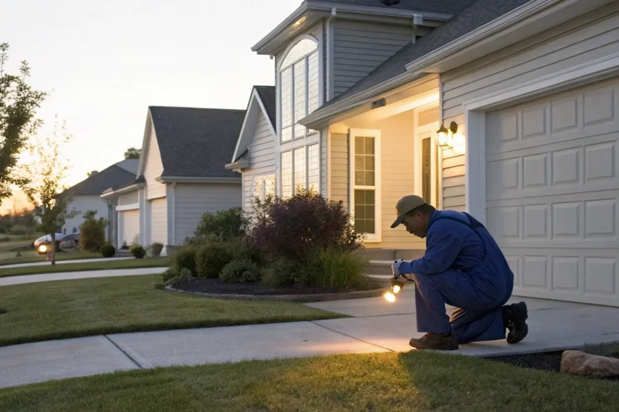Foundation repair expert inspecting a home to provide a free estimate.