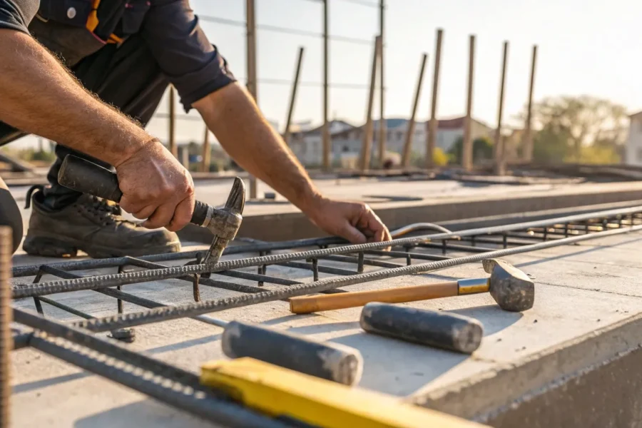 A worker performs a push pier installation, securing a bracket to the foundation.