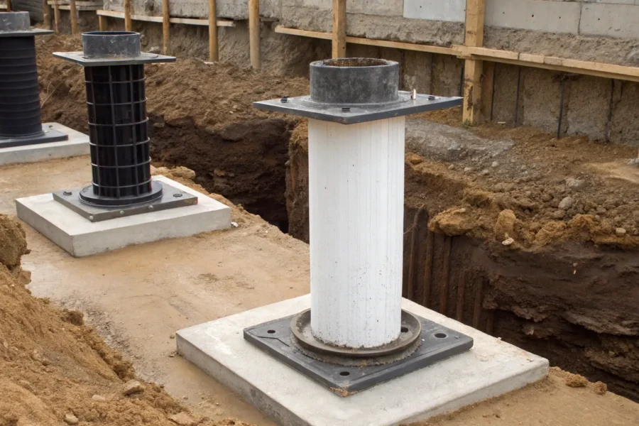 Adjustable steel support piers installed in a crawl space to stabilize a home's foundation.