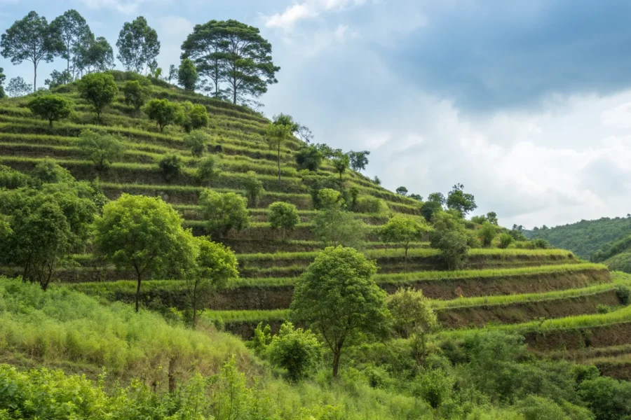 A terraced hillside with plants providing effective erosion control.