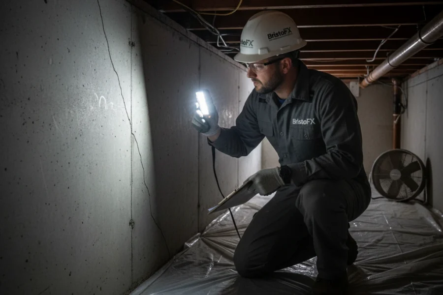 A BristolFX technician inspecting a cracked concrete foundation beside a California home