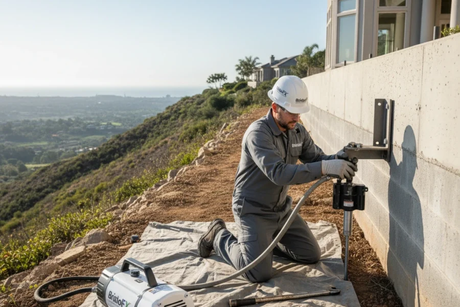 BristolFX technician performing hydraulic pier installation at a California hillside home