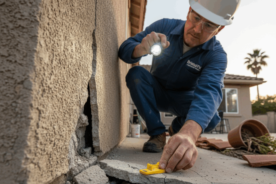 Foundation expert assessing structural damage following a Southern California earthquake.