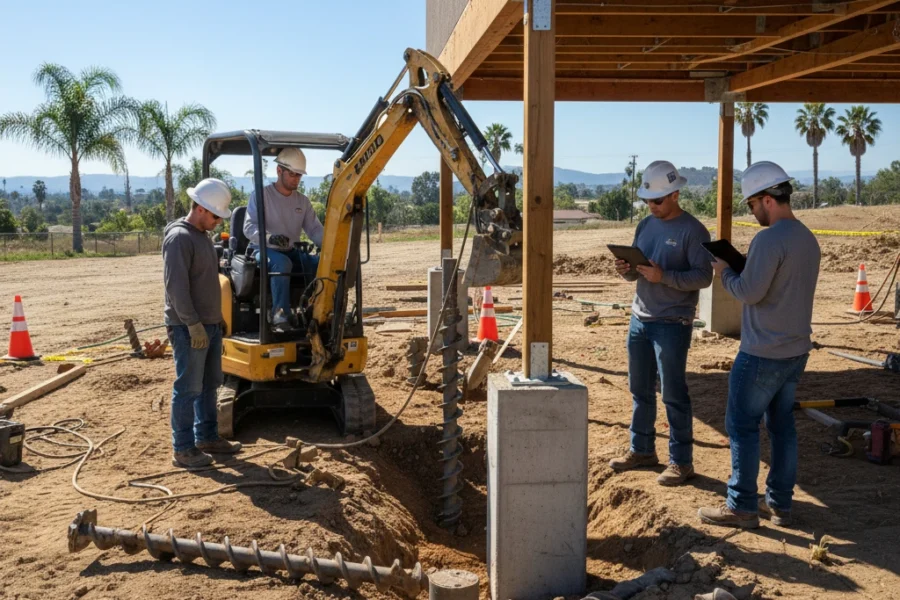 Technicians installing helical piers under a Southern California home.