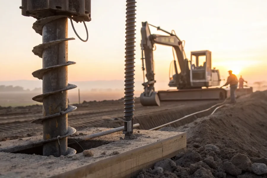 A crew installing a helical pier to repair a home's foundation.