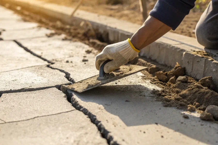 Professional repairing a cracked slab foundation with a trowel.