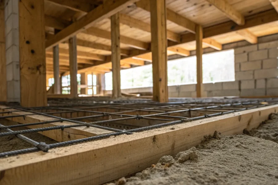 A crawl space under construction with foundation walls, wood framing, and a rebar grid.