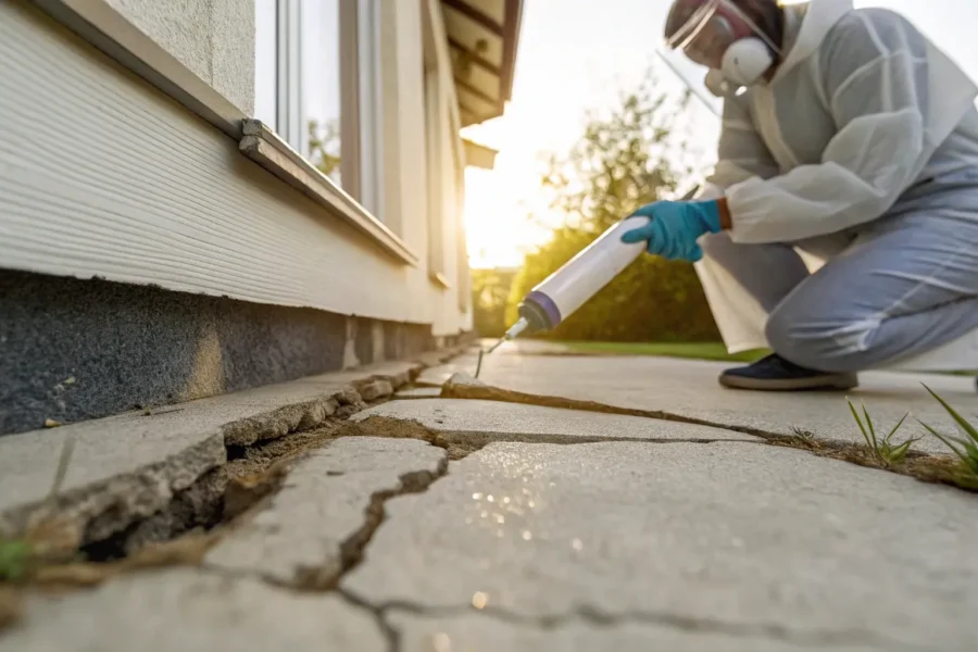 A professional performing a foundation crack injection to repair a concrete wall.