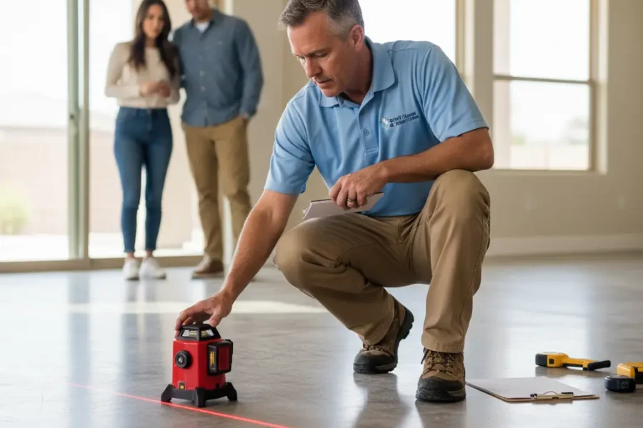 foundation inspector examining a concrete slab inside a Henderson home using a laser level during a real estate inspection