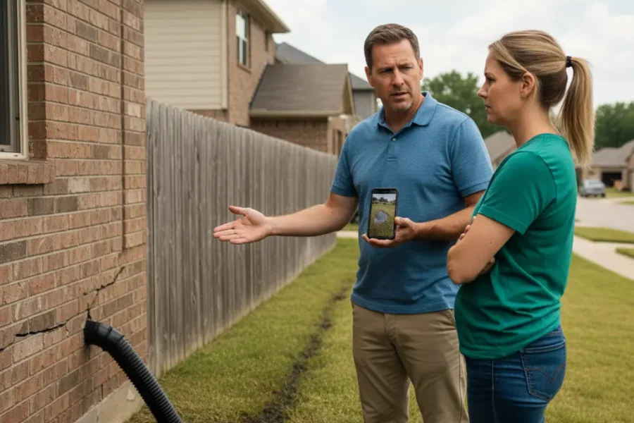 homeowner discussing a drainage issue with their neighbor