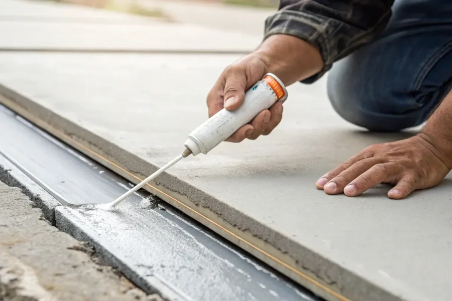 Applying new sealant to repair a concrete expansion joint.