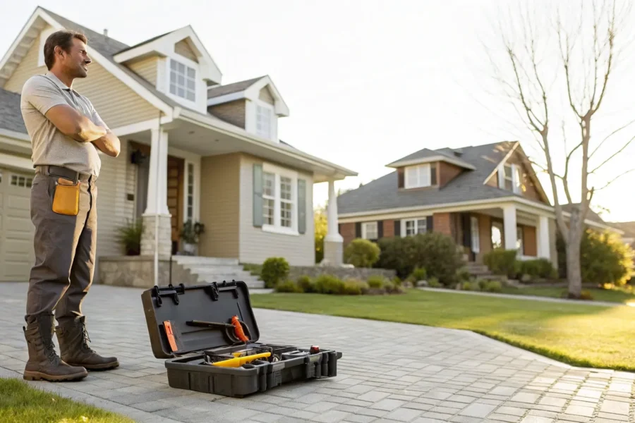 A foundation repair contractor inspects a home's exterior for signs of damage.