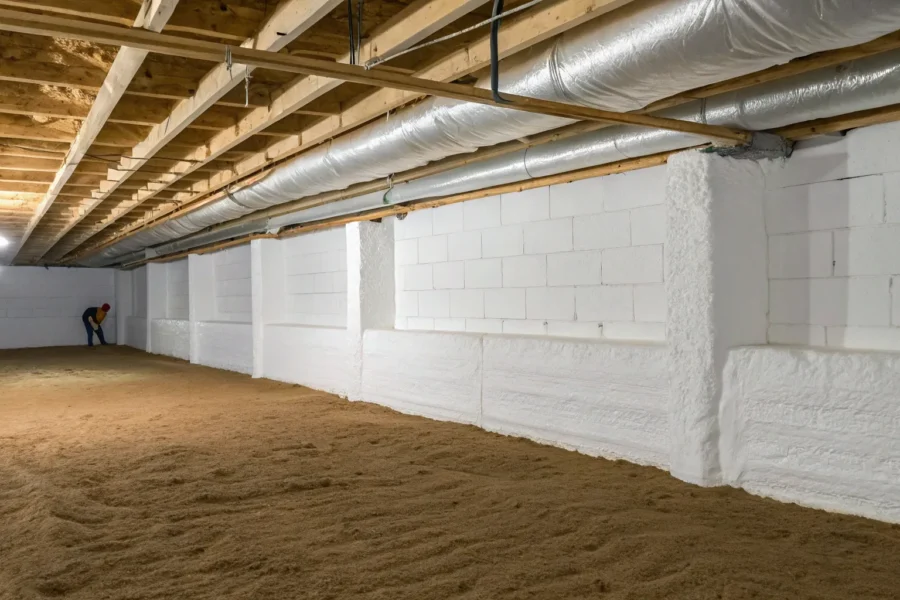 Spray foam insulation on crawl space walls above a dirt floor.