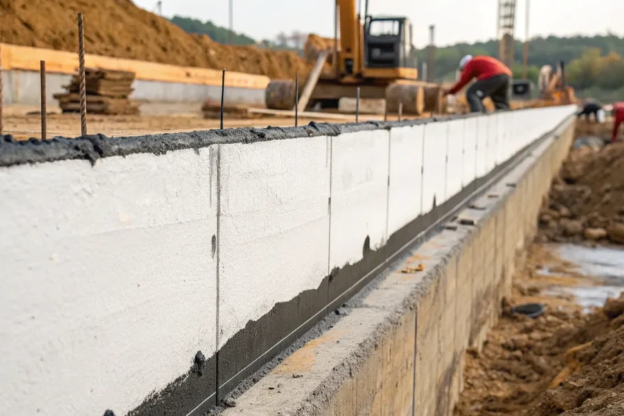 Workers waterproofing a new commercial building foundation.