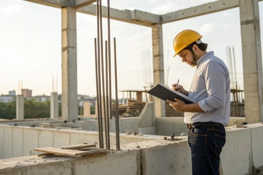 Structural engineer conducting a foundation inspection on a home with a clipboard.