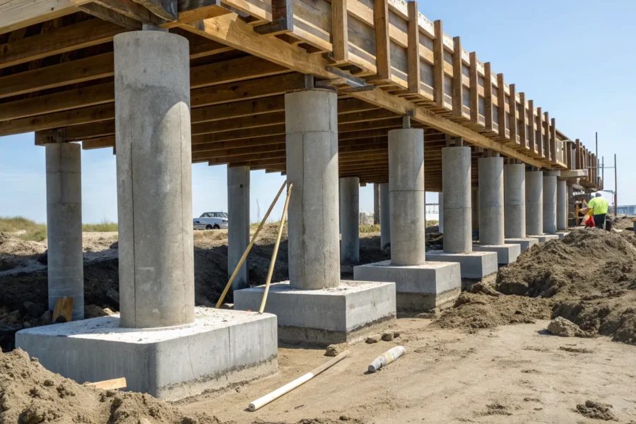 A pier foundation under construction with concrete columns, wood beams, and workers on the site.