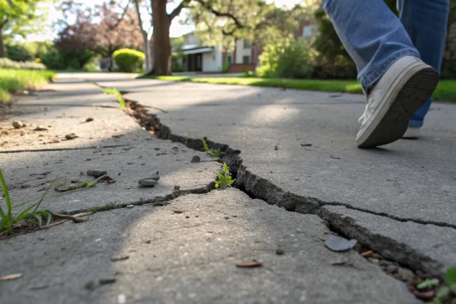 A cracked and settling concrete sidewalk with grass growing in the gap.