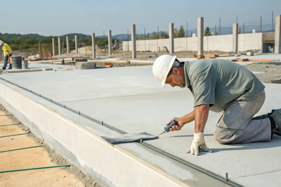 Applying cove joint sealant to the joint between a basement wall and concrete floor.