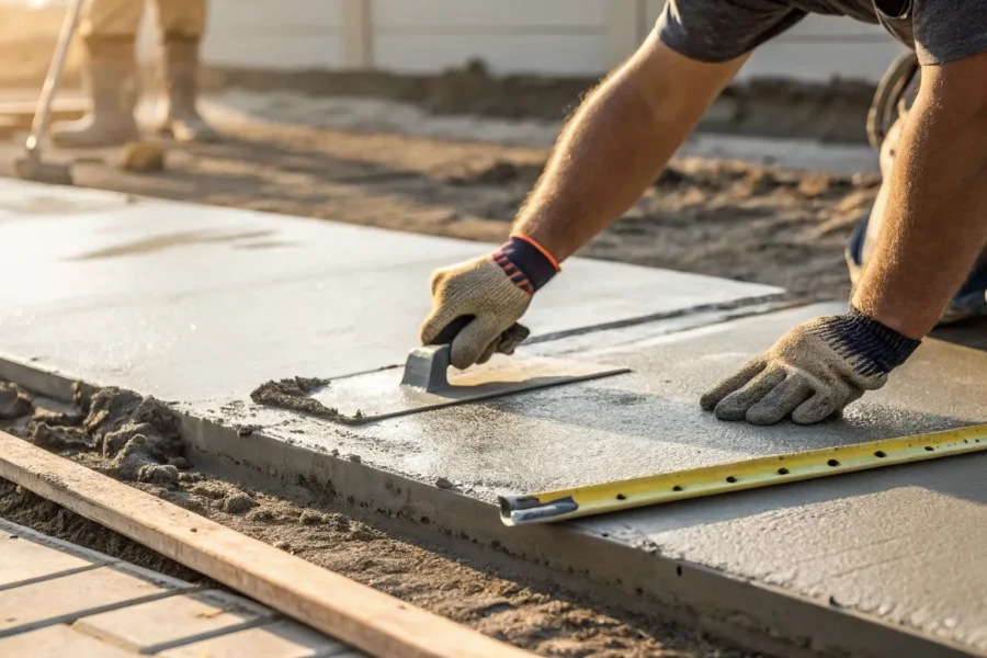 A professional uses a trowel to smooth a patch for a concrete slab repair.