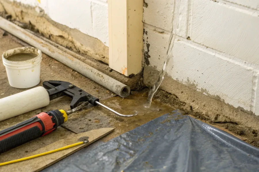 DIY repair of a leaking cove joint to stop basement water seepage.
