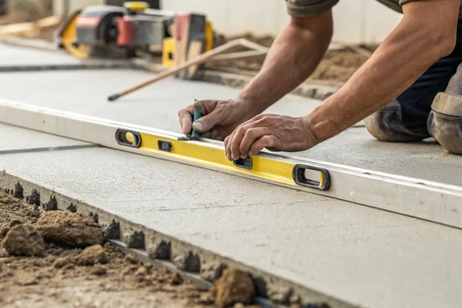 A contractor performs a slab foundation repair on a sinking concrete slab.