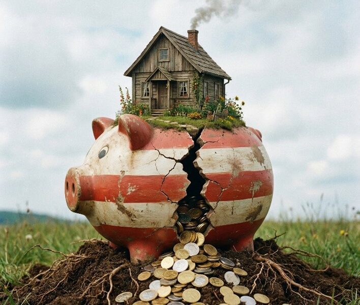 A cracked piggy bank with a house on top and coins spilling out.