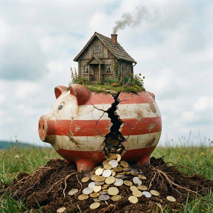 A cracked piggy bank with a house on top and coins spilling out.