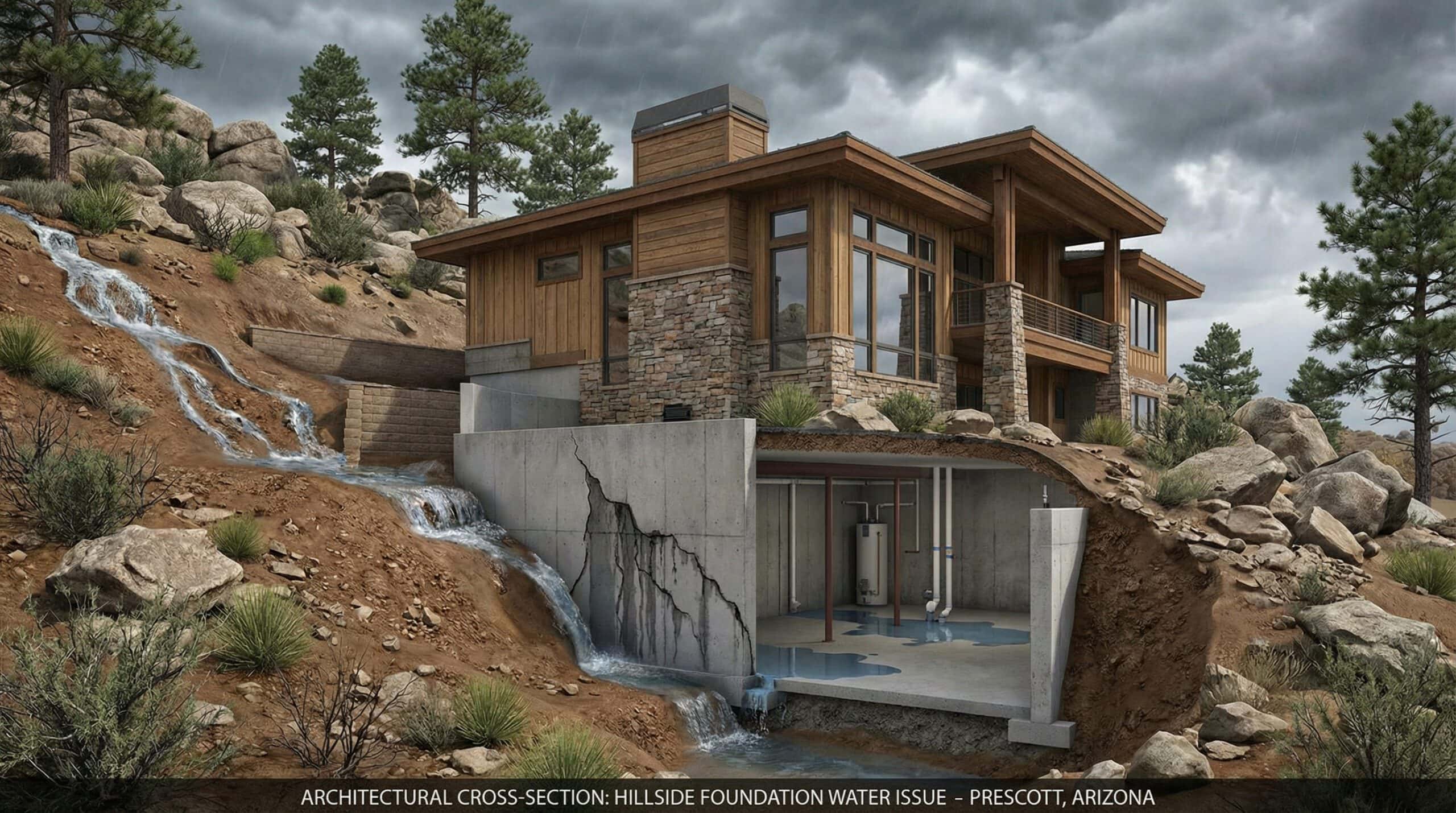 Architectural cross section showing why below-grade waterproofing is essential for Southern California and Arizona homes.