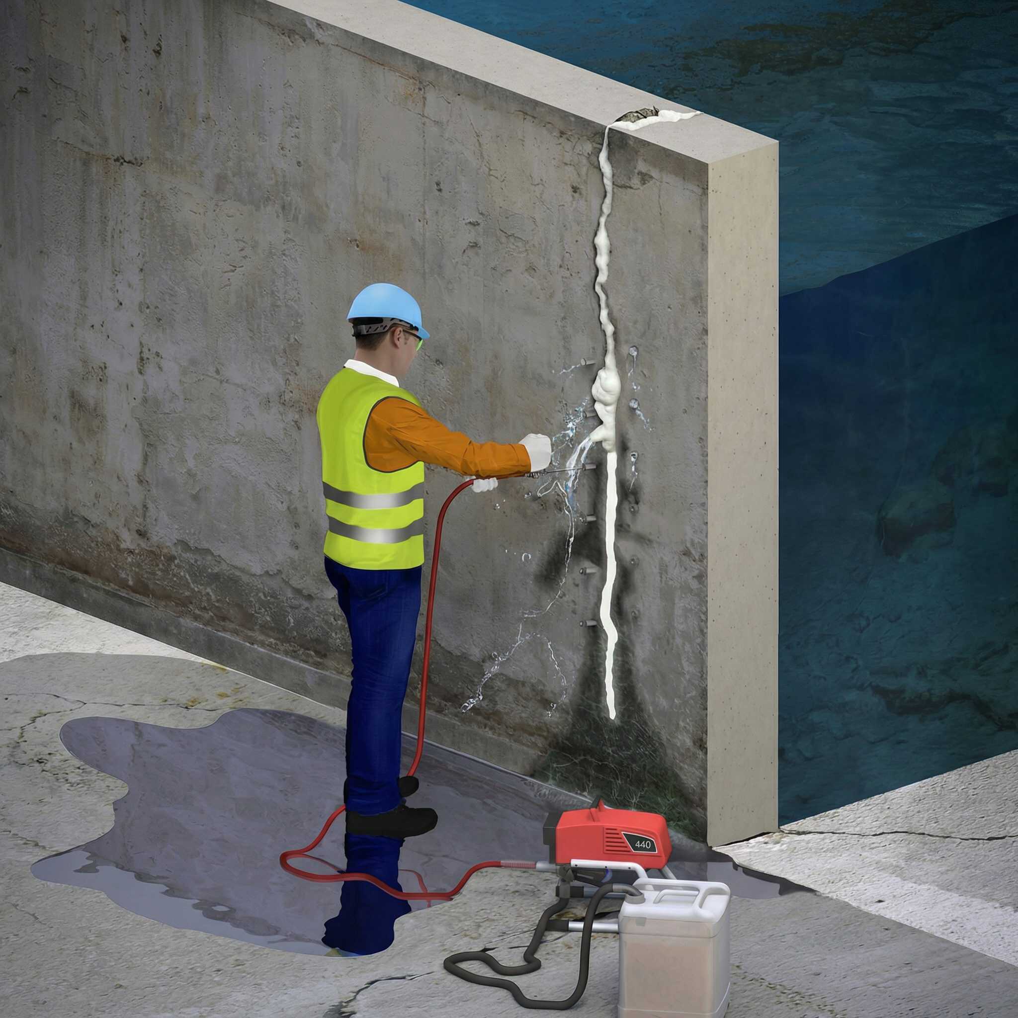Worker injecting hydrophobic polyurethane foam into a crack to stop water leaking