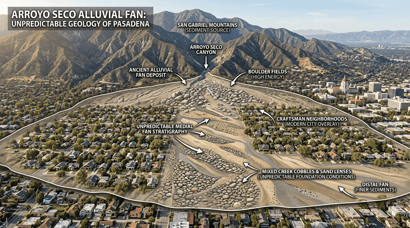 Arroyo Seco alluvial fan map showing Pasadena soil origin