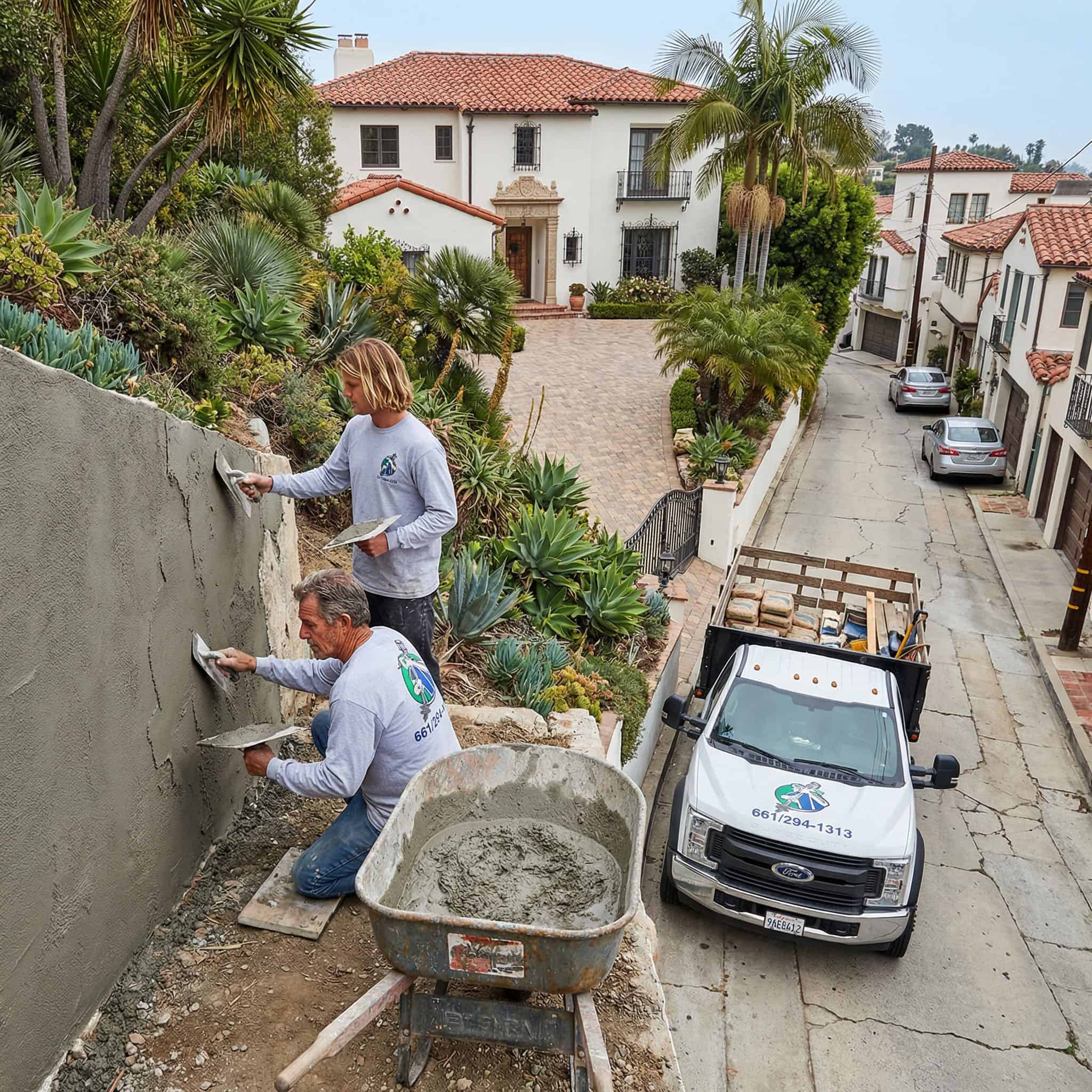 Bristol crew doing final patching on a recently repaired retaining wall in Echo Park.