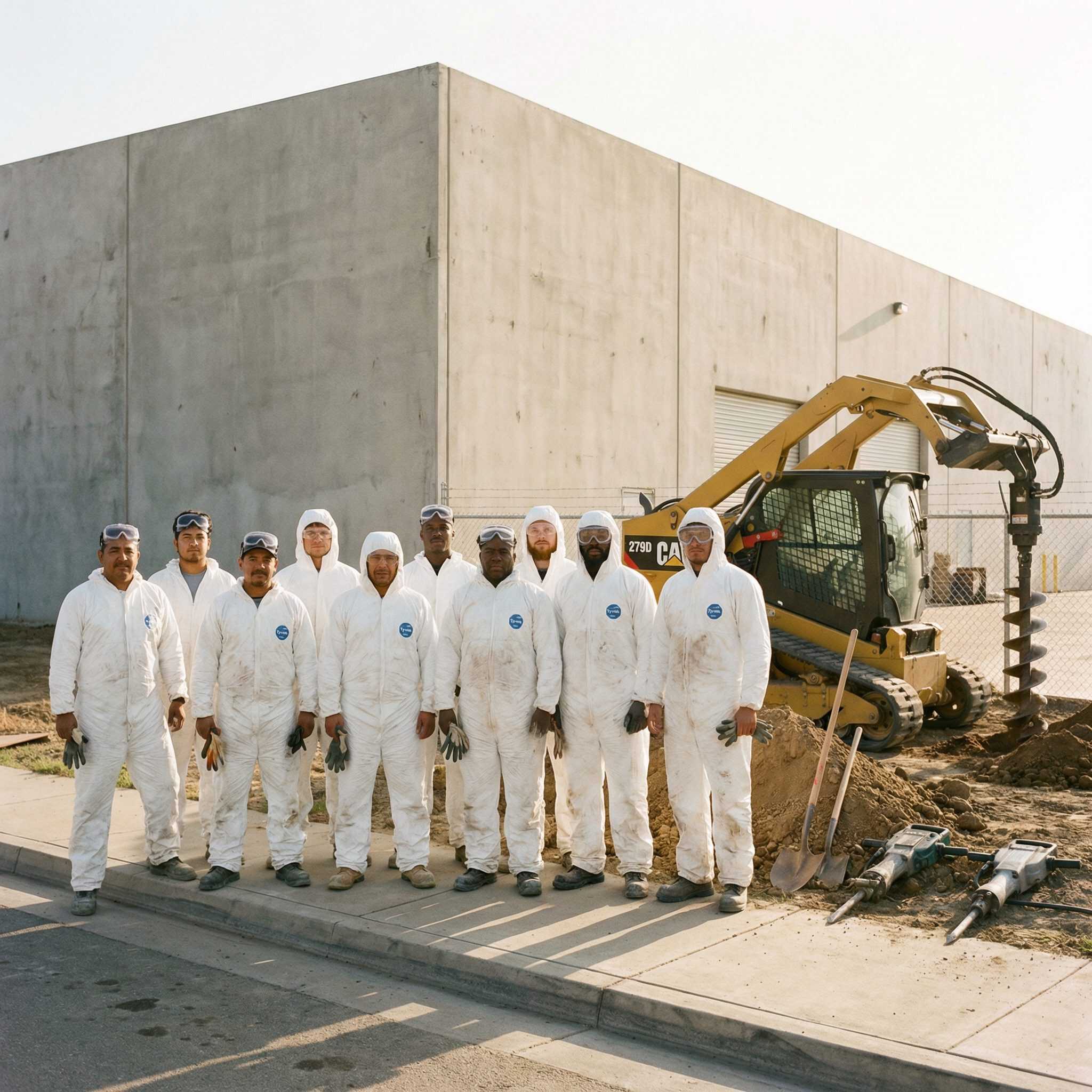 Bristol FX crew in Tyvek protective suits on a crawlspace waterproofing job site in California