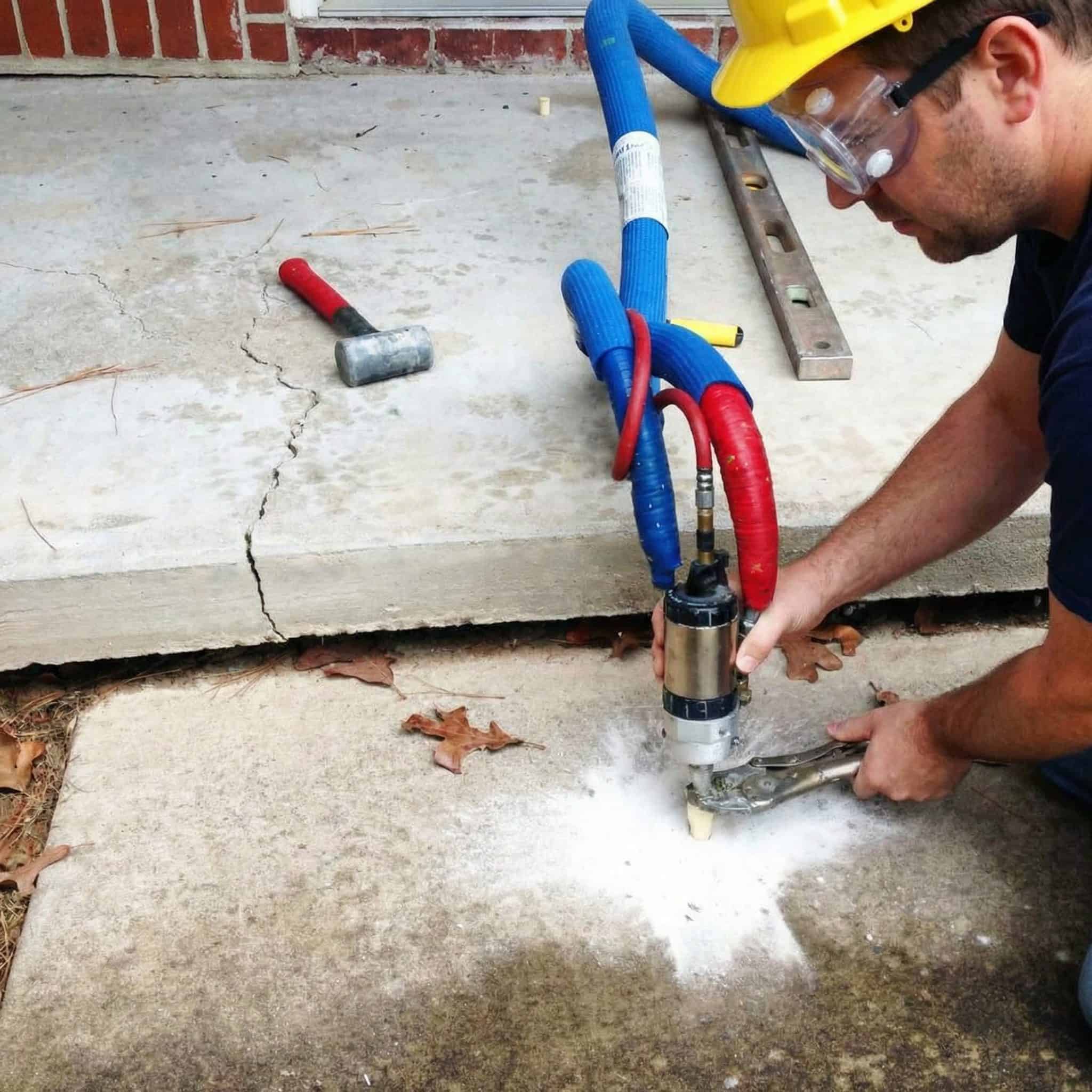 Bristol FX technician injecting foam under a sunken concrete slab.