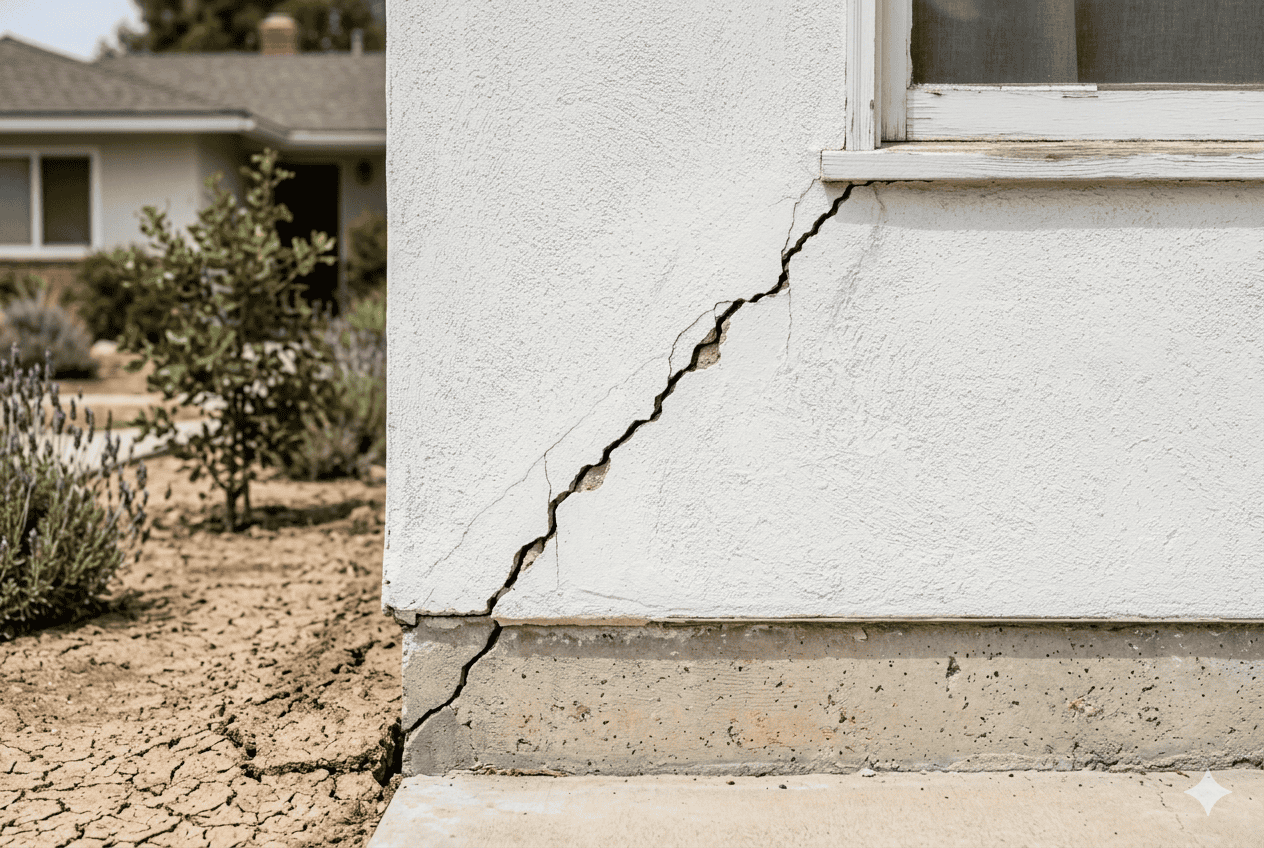 Diagonal stair-step crack in stucco running from window corner — the most common visible sign of foundation settlement in Thousand Oaks