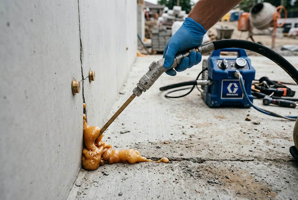 Polyurethane foam injected through metal ports into cold joint crack — flexible seal stops water intrusion at the source