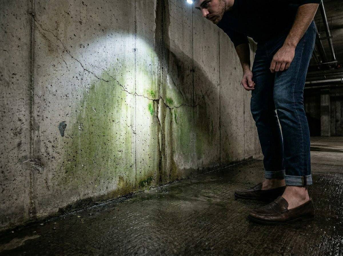 Active water leak in a condo parking garage with algae growth — a sign of chronic moisture intrusion through hairline cracks.
