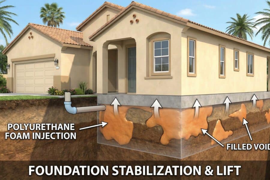 Cut-away view of a house showing foundation repair foam being injected beneath a concrete slab
