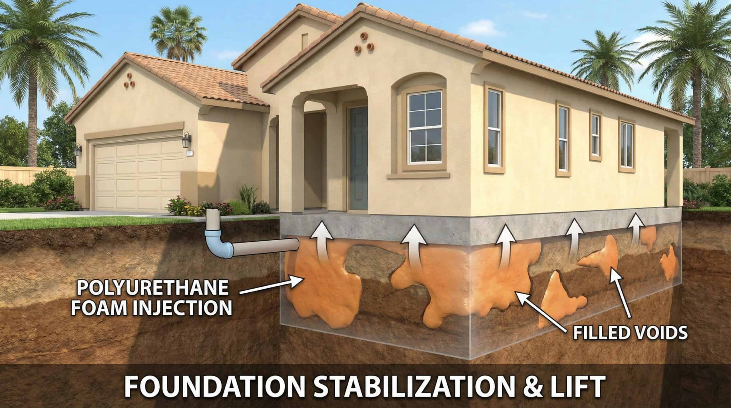 Cut-away view of a house showing foundation repair foam being injected beneath a concrete slab
