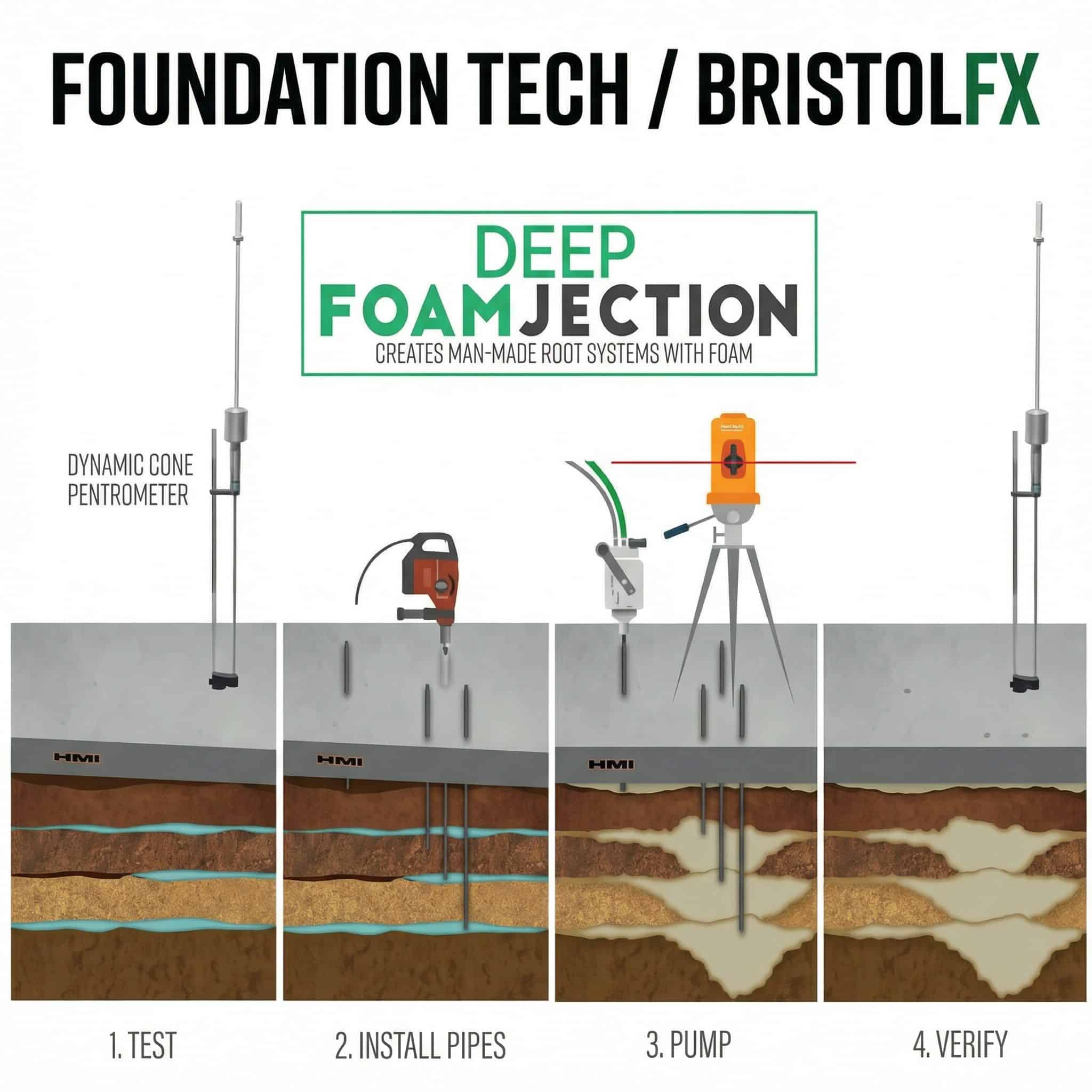 Diagram showing polyurethane injection deep beneath a concrete slab to fill voids and lift the structure