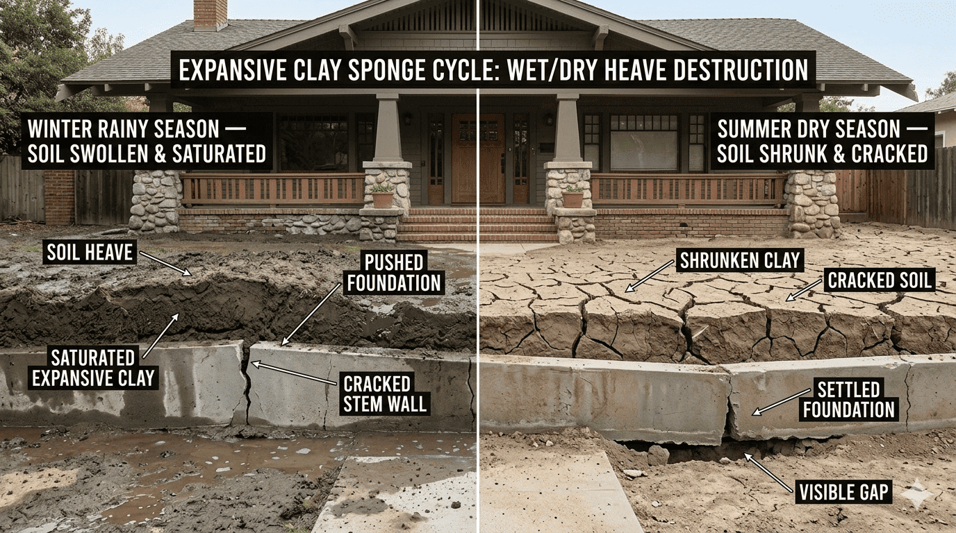 Expansive clay sponge cycle that destroys Pasadena foundations