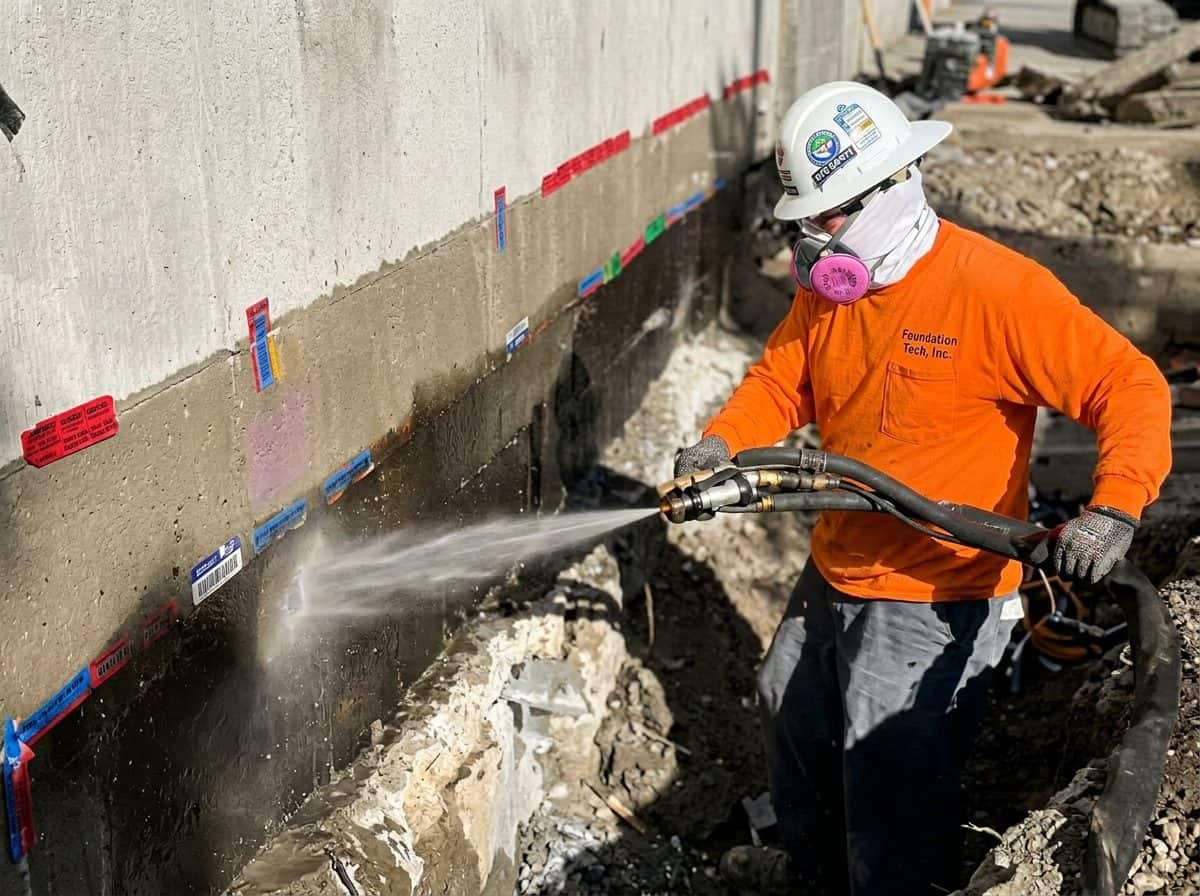 Foundation Tech employee spraying polyurethane hydrophilic foam on a foundation stem wall for 100% positive waterproofing protection.