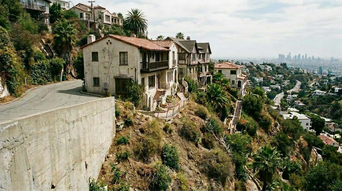 Hollywood Hills homes on steep canyon lot showing foundation slope and crack risk.