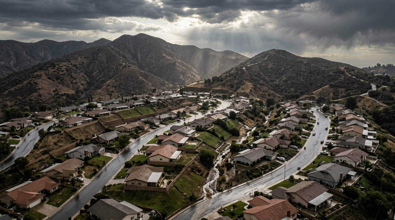 Aerial view of Thousand Oaks hillside neighborhood in rain