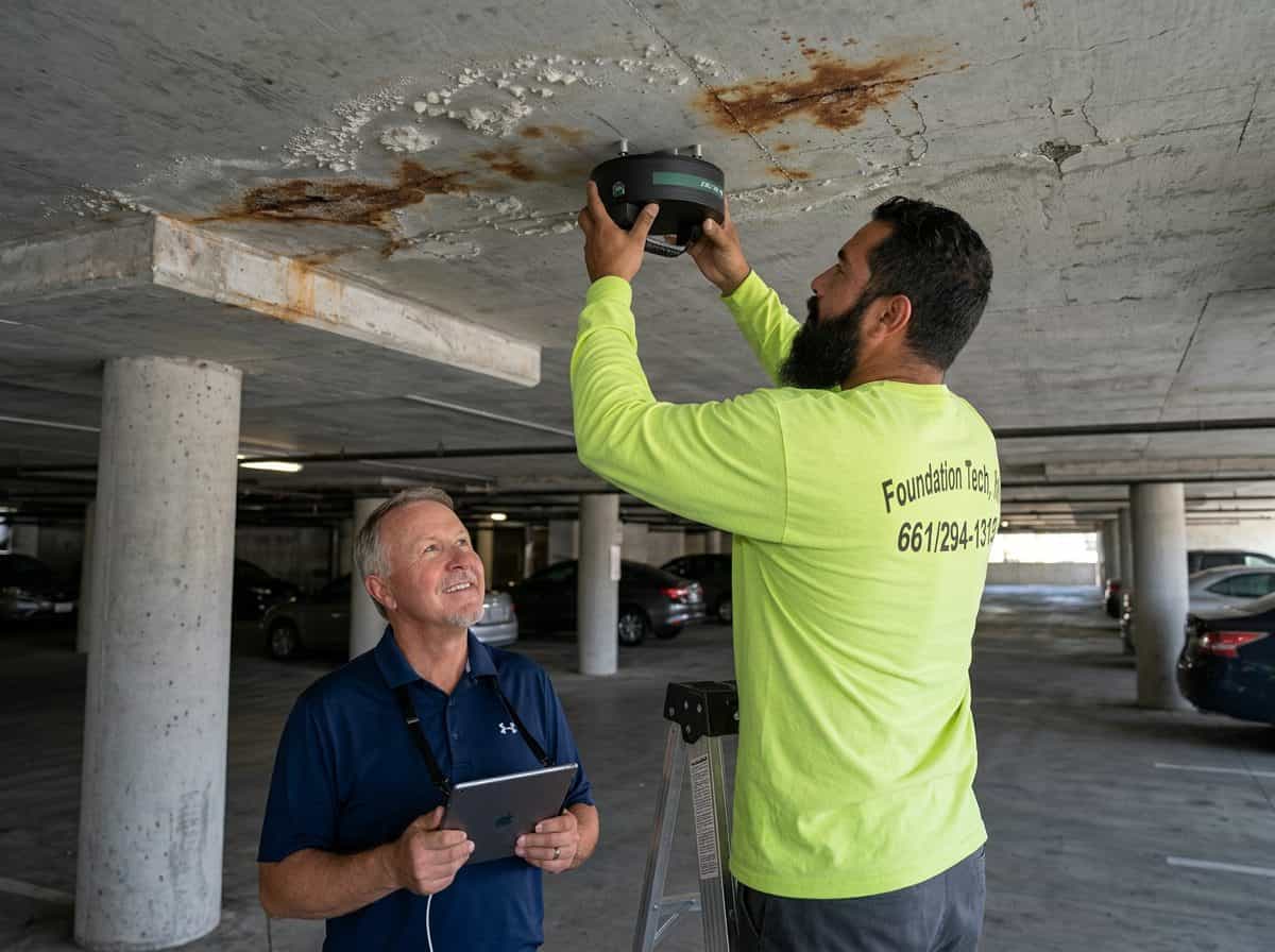 ICOR non-destructive wireless NDT corrosion detection tool being used on the concrete ceiling of a subterranean parking structure.