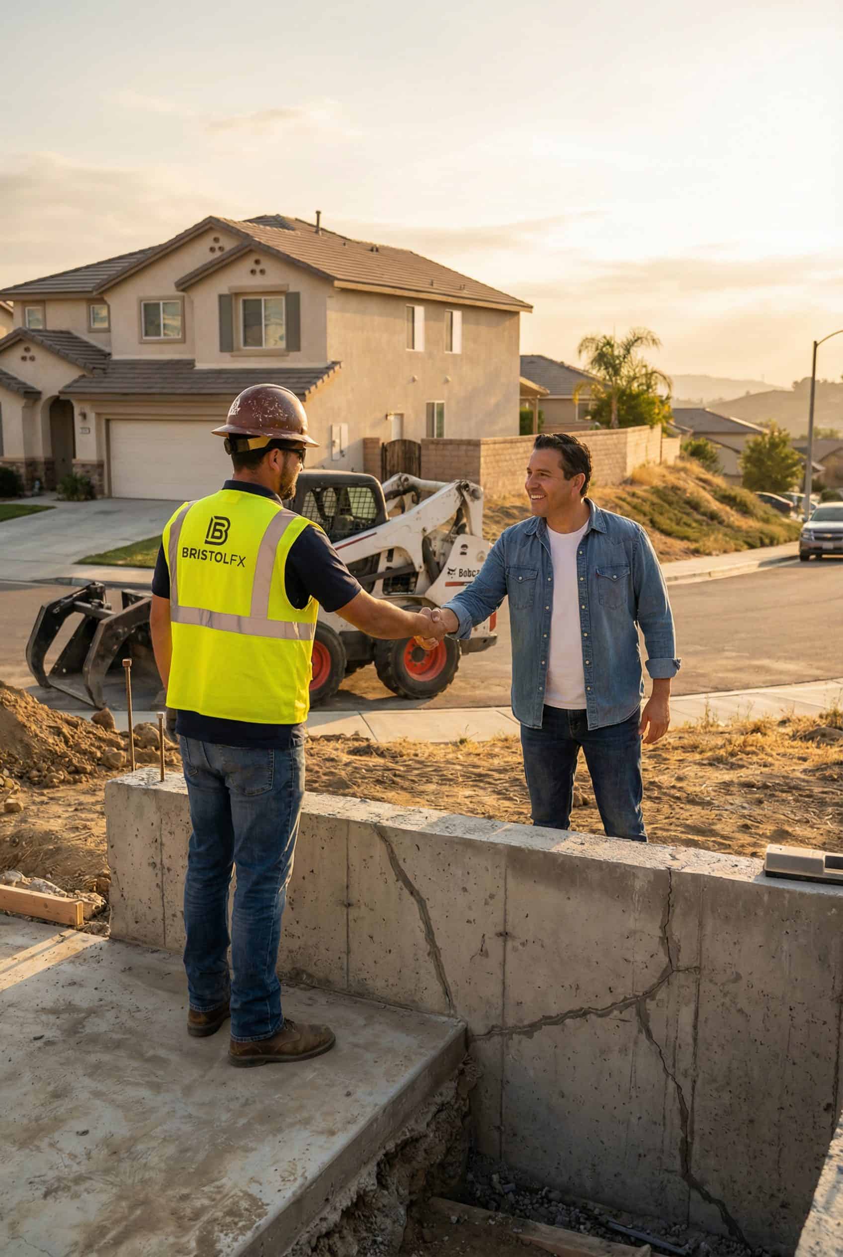 Bristolfx foreman shaking hands with homeowner after completing foundation repairs