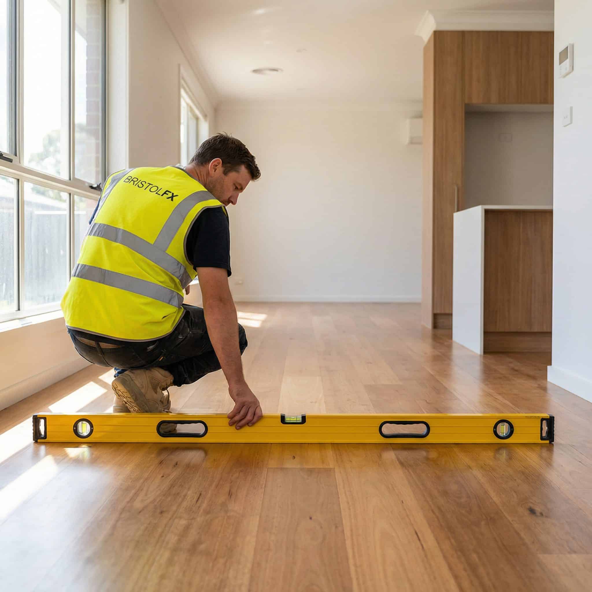 Professional foundation inspector measuring a floor for level.