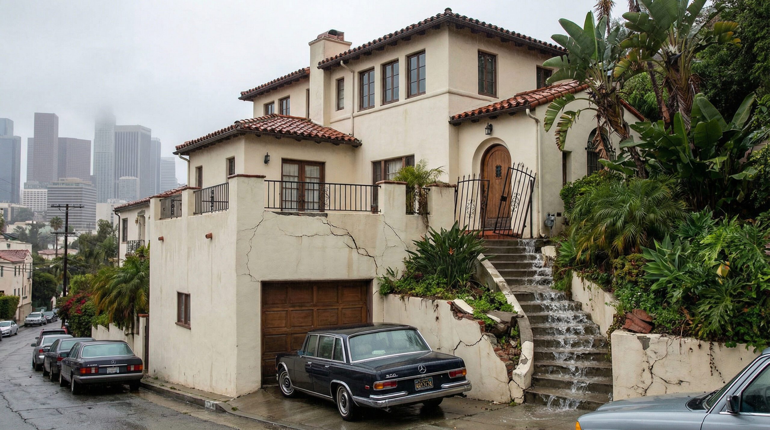 Rain gutter dumping water directly onto walkway causing foundation damage in Los Angeles
