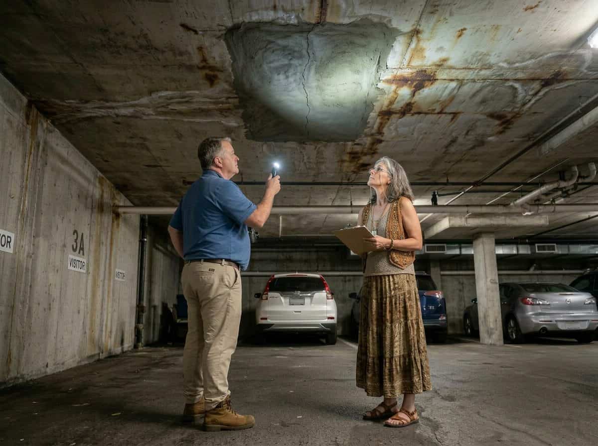 Inspection of a previous patch repair on a condo parking structure — showing why patching without treating the cause always fails.